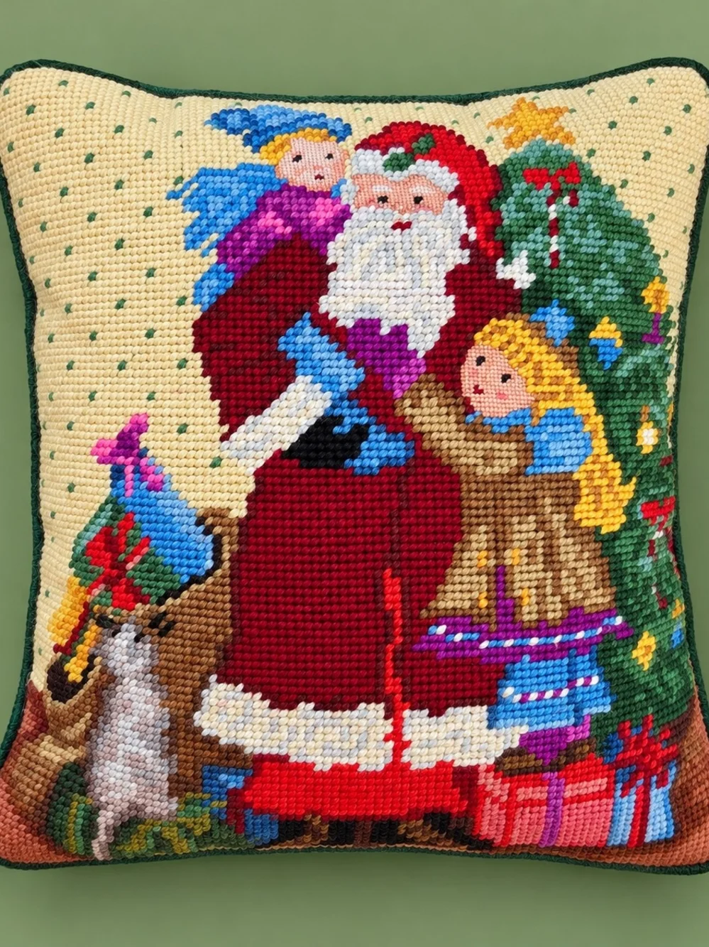 Vintage Needlepoint Santa Christmas Pillow 11x9 Velvet Back Holiday Decor